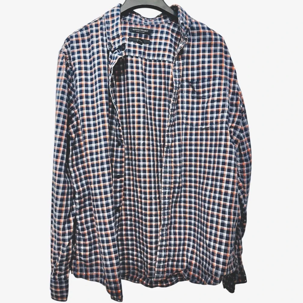 Banana Republic Luxe Flannel Slim Fit Plaid Shirt Men's Size Large Blue & Orange